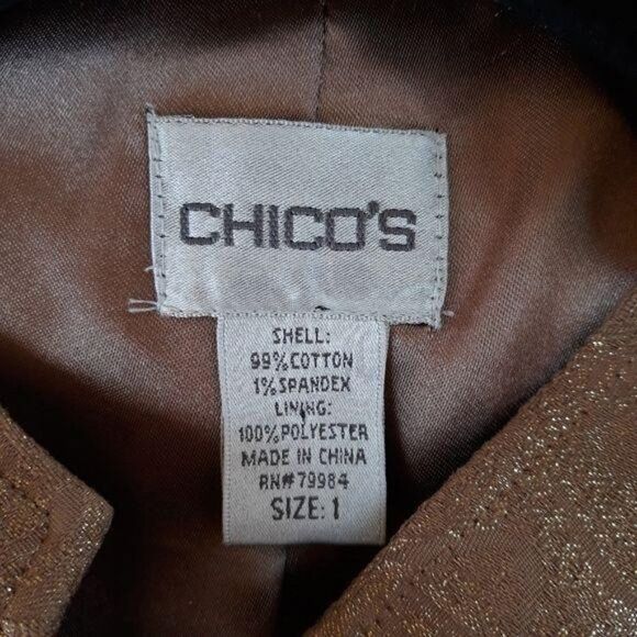 Chico's Metallic Gold Camel Textured Blazer Jacket Mandarin Collar Sz 1 = M/8 - Picture 3 of 14